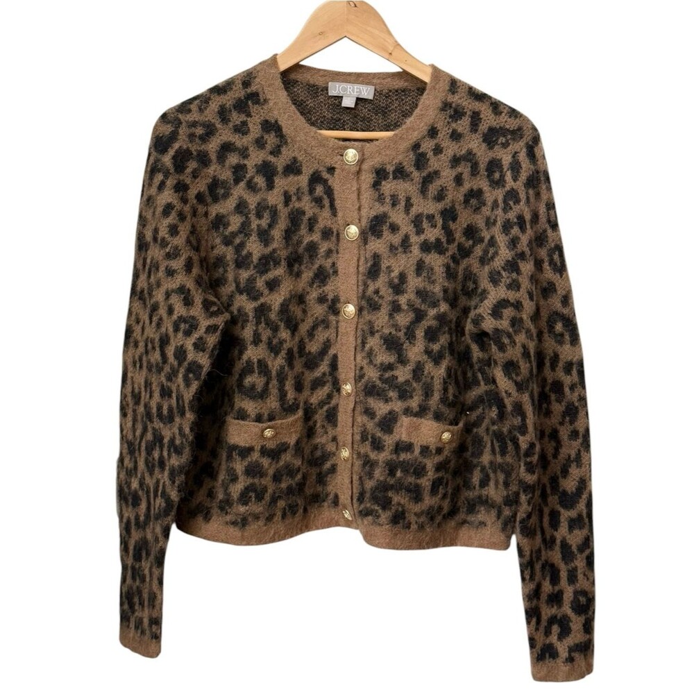 J. Crew Brushed Wool Alpaca Blend Leopard Lady Jacket Cardigan Sweater. Large. - Picture 2 of 10